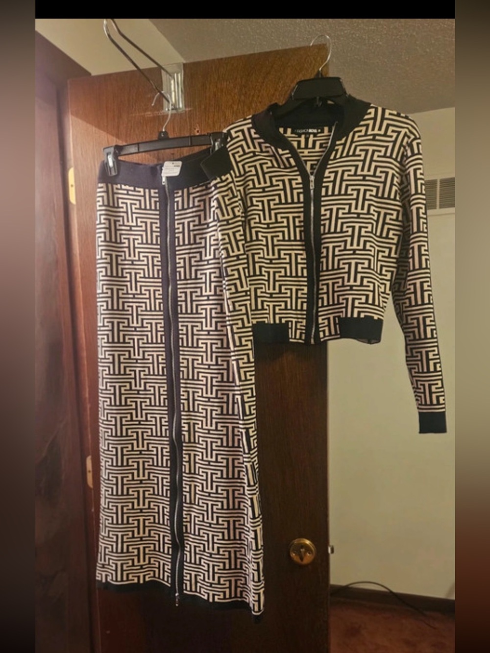 Akris Punto Black & Cream Geometric Knit Jacket and Skirt
